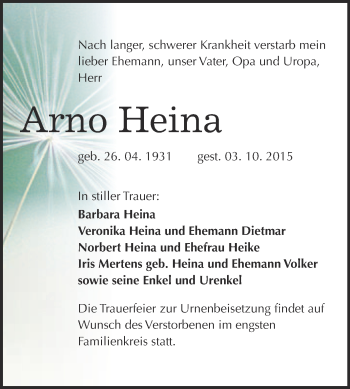 Traueranzeige von Arno Heina von WVG - Wochenspiegel NMB / WSF / ZTZ