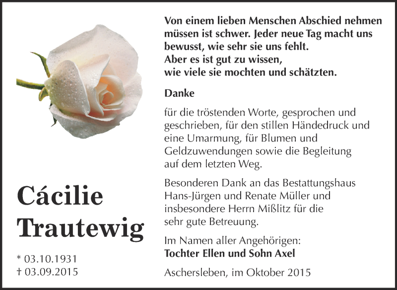  Traueranzeige für Cácilie Trautewig vom 14.10.2015 aus Super Sonntag Aschersleben