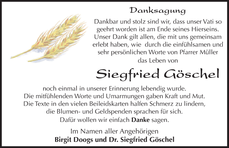  Traueranzeige für Siegfried Göschel vom 17.10.2015 aus Mitteldeutsche Zeitung Sangerhausen