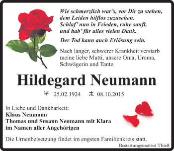Traueranzeige von Hildegard Neumann von Mitteldeutsche Zeitung Quedlinburg