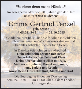 Traueranzeige von Emma Gertrud Tenzel von Mitteldeutsche Zeitung Sangerhausen