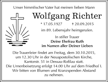 Traueranzeige von Wolfgang Richter von Mitteldeutsche Zeitung Dessau-Roßlau