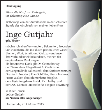 Traueranzeige von Inge Gutjahr von Mitteldeutsche Zeitung Quedlinburg