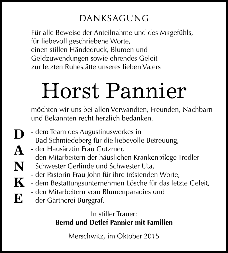  Traueranzeige für Horst Pannier vom 17.10.2015 aus WVG - Wochenspiegel Wittenberg
