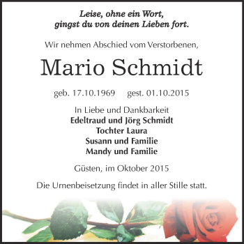 Traueranzeige von Mario Schmidt von Super Sonntag Bernburg