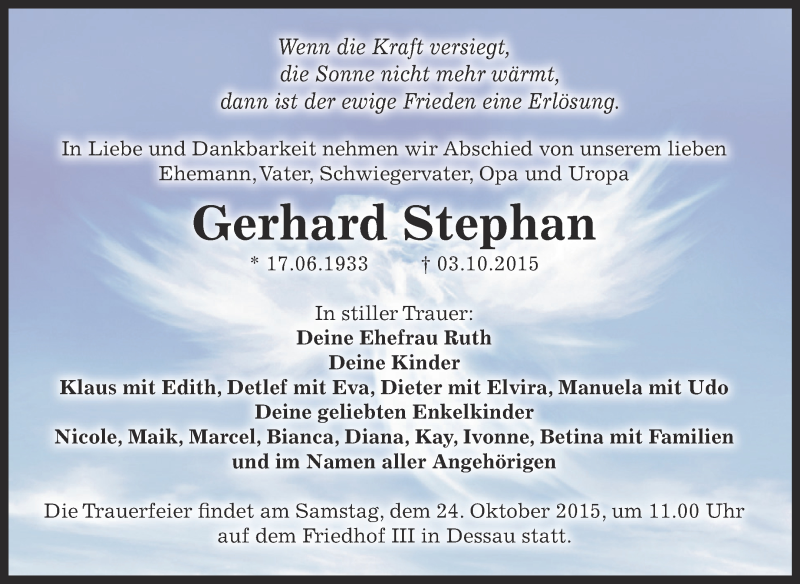  Traueranzeige für Gerhard Stephan vom 10.10.2015 aus WVG - Wochenspiegel Dessau / Köthen