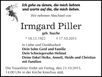 Traueranzeige von Irmgard Piller von Mitteldeutsche Zeitung Weißenfels