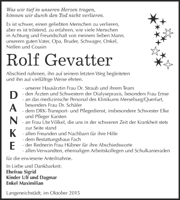 Traueranzeige von Rolf Gevatter von WVG - Wochenspiegel Merseburg