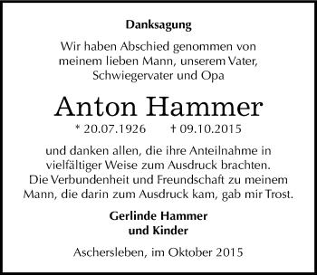 Traueranzeige von Anton Hammer von Mitteldeutsche Zeitung Aschersleben