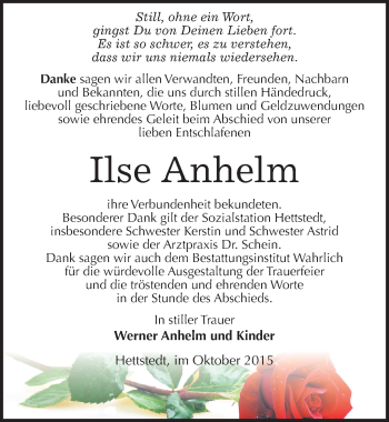 Traueranzeige von Ilse Anhelm von Mitteldeutsche Zeitung Mansfelder Land