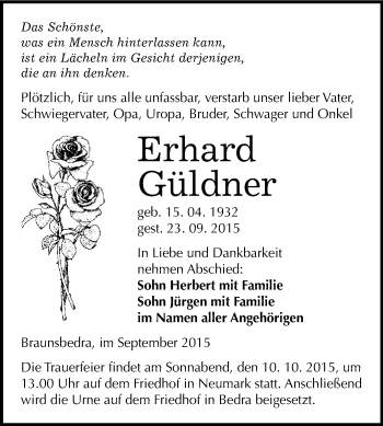 Traueranzeige von Erhard Güldner von WVG - Wochenspiegel Merseburg