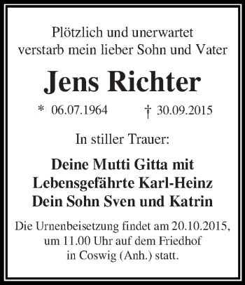 Traueranzeige von Jens Richter von WVG - Wochenspiegel Dessau / Köthen