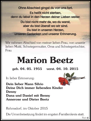 Traueranzeige von Marion Beetz von Super Sonntag Zeitz