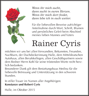 Traueranzeige von Rainer Cyris von Mitteldeutsche Zeitung Halle/Saalkreis