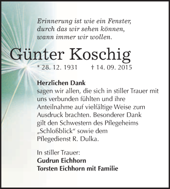 Traueranzeige von Günter Koschig von WVG - Wochenspiegel NMB / WSF / ZTZ