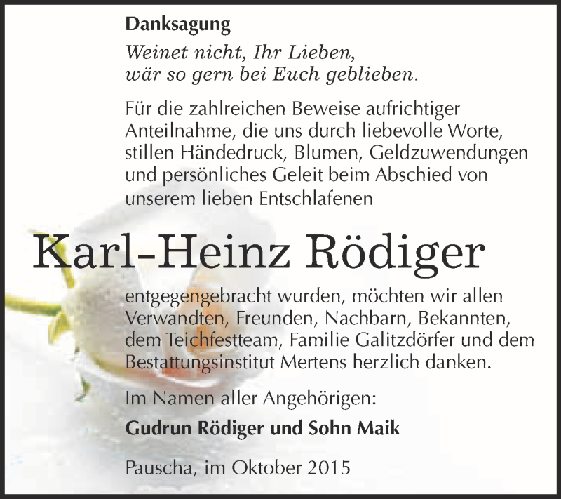  Traueranzeige für Karl-Heinz Rödiger vom 07.10.2015 aus WVG - Wochenspiegel NMB / WSF / ZTZ