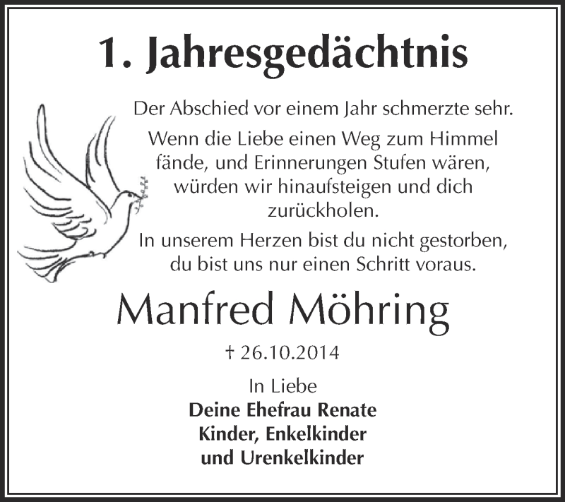  Traueranzeige für Manfred Möhring vom 24.10.2015 aus Super Sonntag SGH Mansf. Land