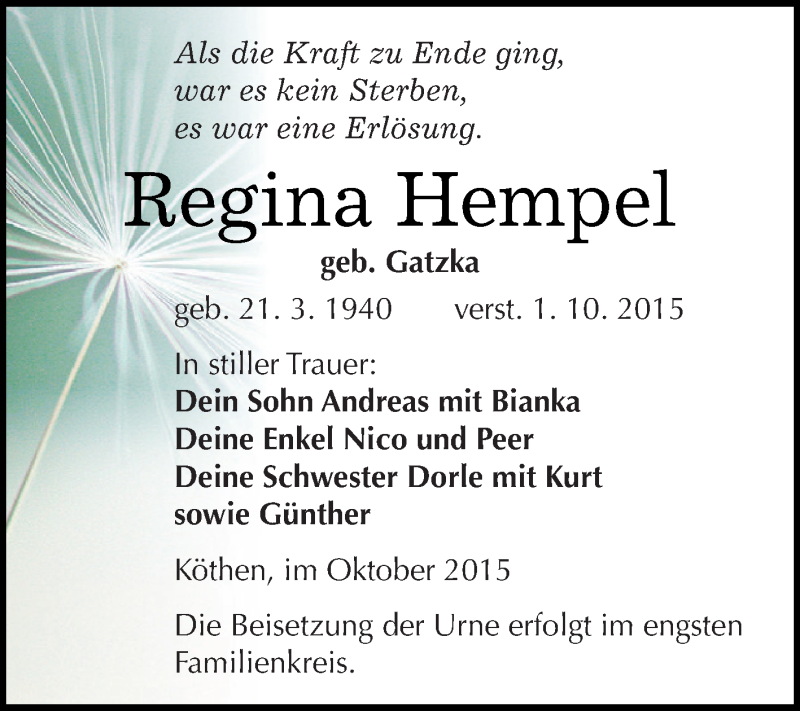  Traueranzeige für Regina Hempel vom 10.10.2015 aus WVG - Wochenspiegel Dessau / Köthen