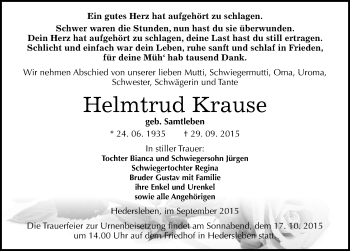 Traueranzeige von Helmtrud Krause von Mitteldeutsche Zeitung Mansfelder Land