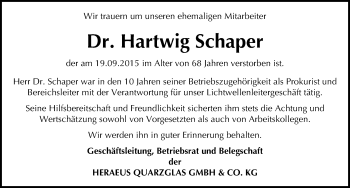 Traueranzeige von Hartwig Schaper von Mitteldeutsche Zeitung Bitterfeld