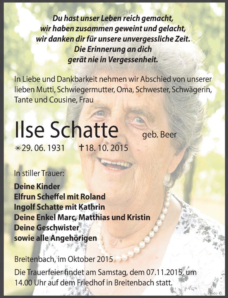  Traueranzeige für Ilse Schatte vom 24.10.2015 aus Mitteldeutsche Zeitung Zeitz