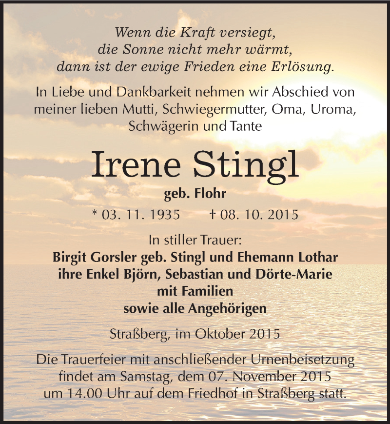  Traueranzeige für Irene Stingl vom 24.10.2015 aus Mitteldeutsche Zeitung Quedlinburg