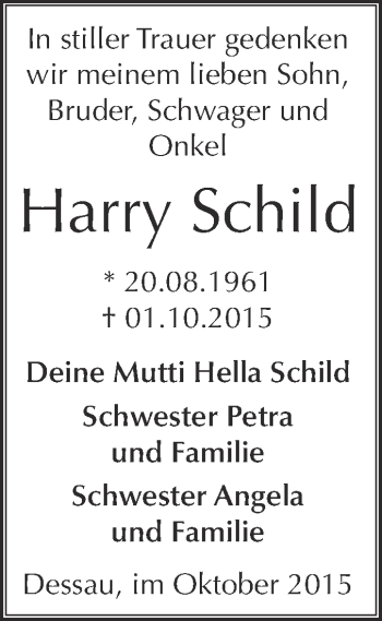 Traueranzeige von Harry Schild von WVG - Wochenspiegel Dessau / Köthen