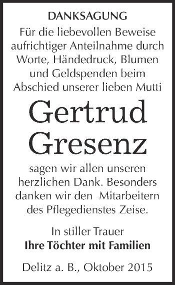 Traueranzeige von Gertrud Gresenz von WVG - Wochenspiegel Merseburg
