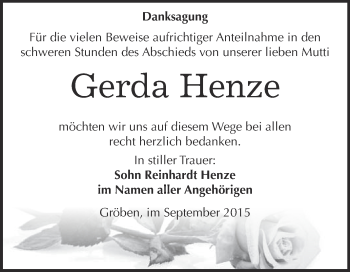 Traueranzeige von Gerda Henze von WVG - Wochenspiegel NMB / WSF / ZTZ