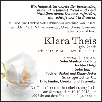 Traueranzeige von Klara Theis von WVG - Wochenspiegel Bitterfeld