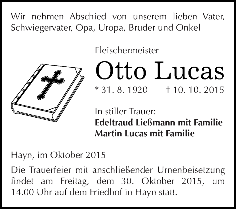  Traueranzeige für Otto Lucas vom 17.10.2015 aus WVG - Wochenspiegel Quedlinburg
