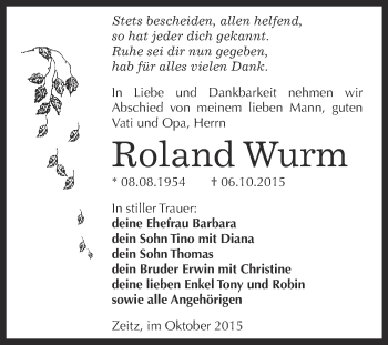 Traueranzeige von Roland Wurm von Super Sonntag Zeitz