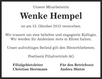 Traueranzeige von Wenke Hempel von WVG - Wochenspiegel Dessau / Köthen