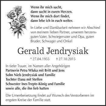 Traueranzeige von Gerald Jendrysiak von Super Sonntag Bernburg