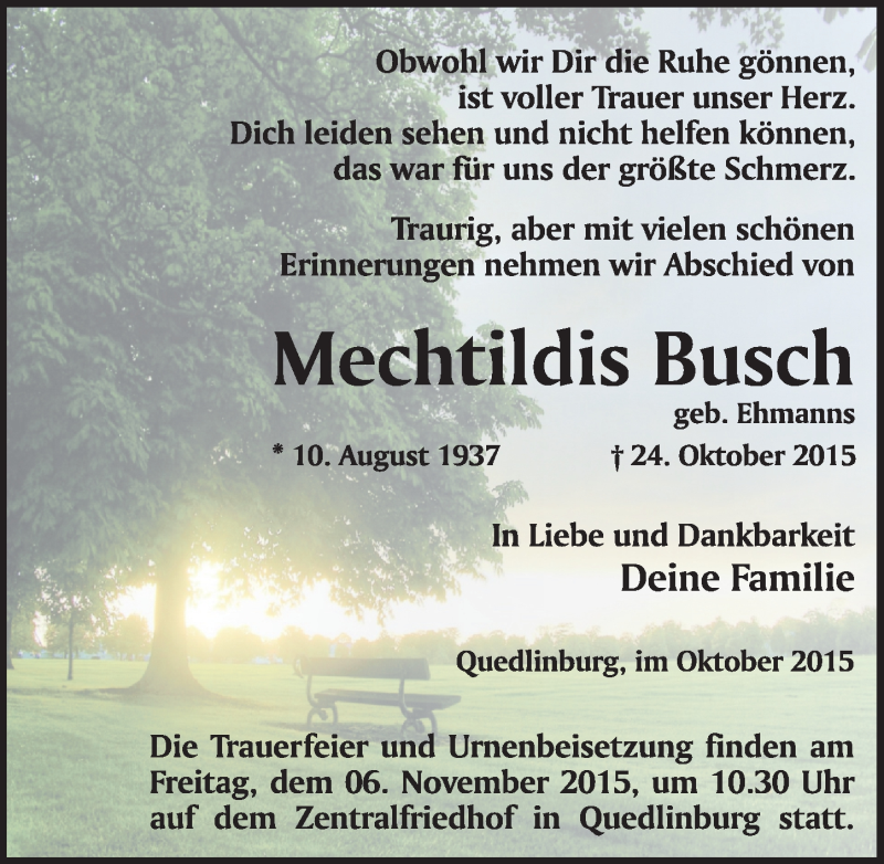  Traueranzeige für Mechtildis Busch vom 30.10.2015 aus Mitteldeutsche Zeitung Quedlinburg