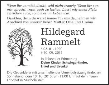 Traueranzeige von Hildegard Rammelt von WVG - Wochenspiegel Merseburg