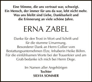 Traueranzeige von Erna Zabel von WVG - Wochenspiegel Dessau / Köthen