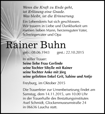 Traueranzeige von Rainer Buhn von Mitteldeutsche Zeitung Naumburg/Nebra