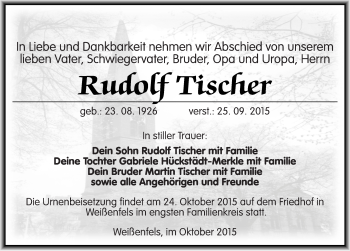Traueranzeige von Rudolf Tischer von Mitteldeutsche Zeitung Weißenfels