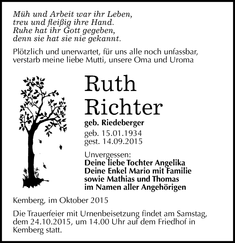  Traueranzeige für Ruth Richter vom 16.10.2015 aus Mitteldeutsche Zeitung Wittenberg