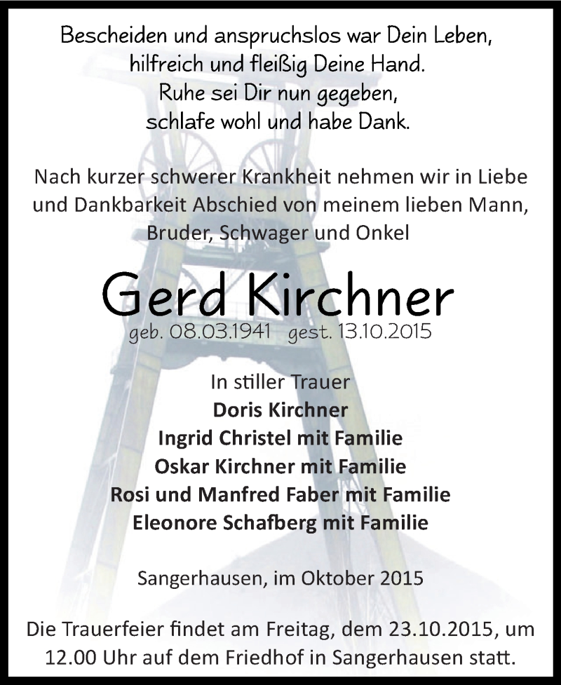  Traueranzeige für Gerd Kirchner vom 17.10.2015 aus Super Sonntag SGH Mansf. Land