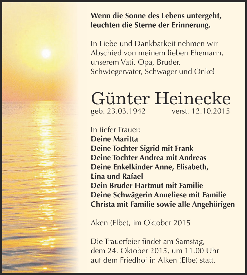  Traueranzeige für Günter Heinecke vom 17.10.2015 aus WVG - Wochenspiegel Dessau / Köthen