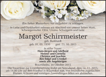 Traueranzeige von Margot Schirrmeister von WVG - Wochenspiegel Merseburg