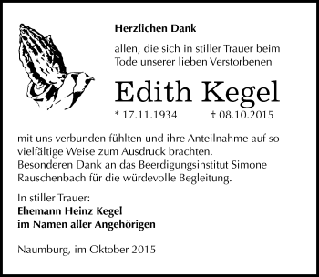 Traueranzeige von Edith Kegel von Mitteldeutsche Zeitung Naumburg/Nebra