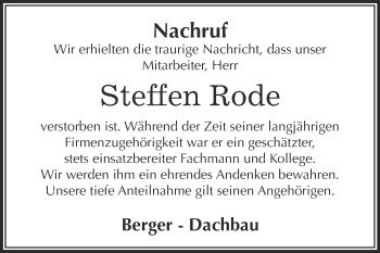 Traueranzeige von Steffen Rode von WVG - Wochenspiegel Dessau / Köthen