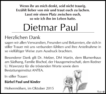 Traueranzeige von Dietmar Paul von WVG - Wochenspiegel NMB / WSF / ZTZ