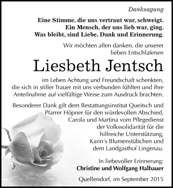 Traueranzeige von Liesbeth Jentsch von Mitteldeutsche Zeitung Köthen