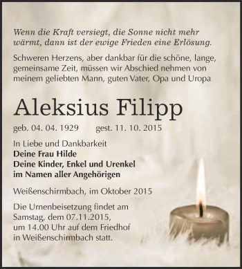 Traueranzeige von Aleksius Filipp von WVG - Wochenspiegel Merseburg