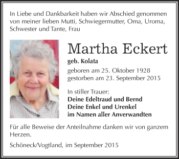 Traueranzeige von Martha Eckert von WVG - Wochenspiegel Merseburg