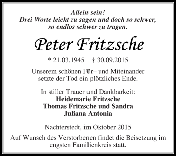 Traueranzeige von Peter Fritzsche von Super Sonntag Aschersleben